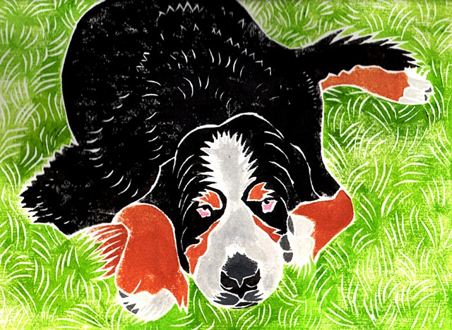 a white-line woodblock print of a Bernese Mountain Dog by Leslie Moore of PenPets