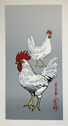 chickens, rooster, hen, White Leghorns, poultry, chicken linocut, chicken art