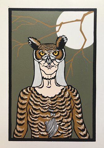 linocut, self portrait, owl woman