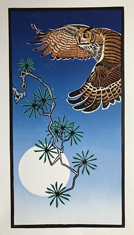 Eurasian Eagle Owl, bird art, owl art, owl linocut, owl relief print