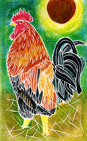 a white-line woodblock print of a rooster by Leslie Moore of PenPets