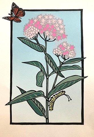 linocut, milkweed, monarch butterfly, monarch caterpillar, monarch chrysalis