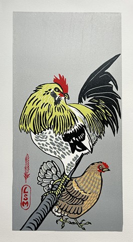 chickens, rooster, hen, Easter Eggers, poultry, chicken linocut, chicken art