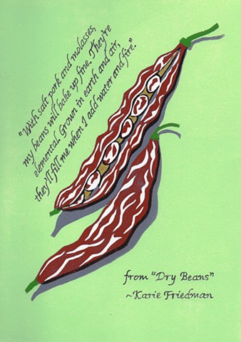 A poetry broadside of Tongues of Flames bean pods by Leslie Moore of PenPets