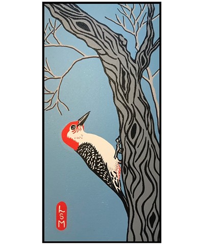 bird art, red-bellied woodpecker art, red-bellied woodpecker linocut, reduction linocut