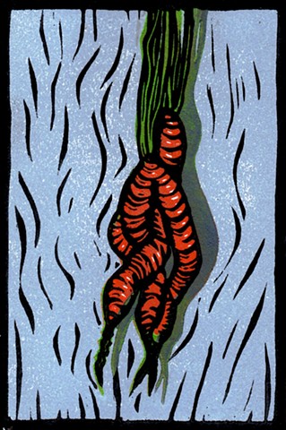 a reduction linocut of twisted carrots by Leslie Moore of PenPets