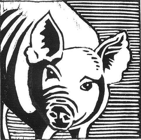 a woodcut of a pig by Leslie Moore of PenPets