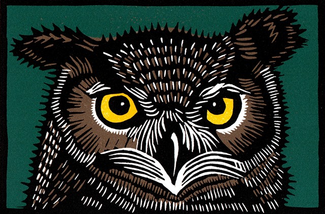 reduction linocut, bird art, great-horned owl, owl linocut