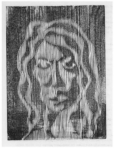 a woodcut self-portrait of a woman by Leslie Moore of PenPets