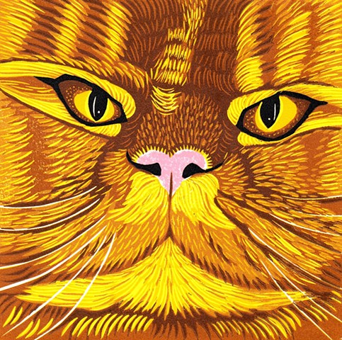 linocut cat, linocut Persian cat, cat art, PenPets, block print cat, reduction linocut cat