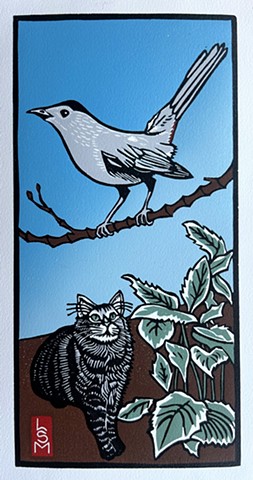 catbird linocut, cat linocut, catbird and cat linocut