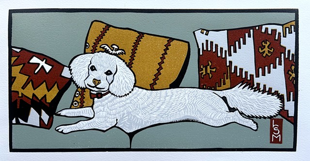 dog linocut, Cockapoo linocut, Cockadoodle dog linocut