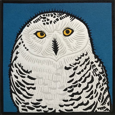 bird art, owl art, snowy owl art, owl linocut, snowy owl linocut, reduction linocut