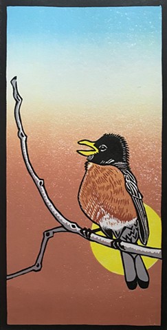 bird art, robin art, robin linocut, reduction linocut
