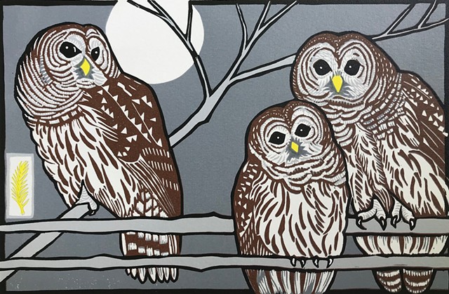 bird art, bird linocut, barred owl art, barred owl linocut, reduction linocut, owl art