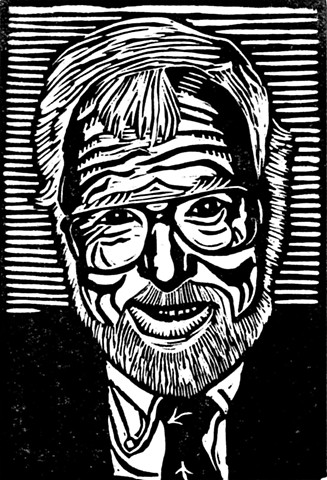 a black linocut portrait of a white-haired, white-bearded man by Leslie Moore of PenPets