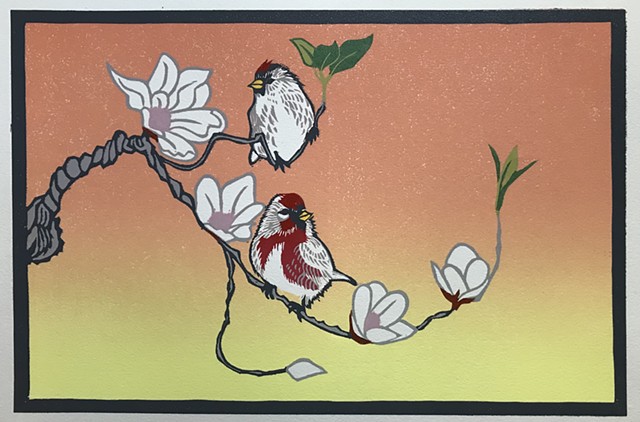 linocut, redpolls, magnolia, bird art