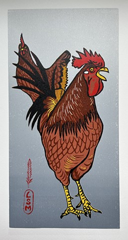 chickens, rooster, hen, Rhode Island Reds, poultry, chicken linocut, chicken art