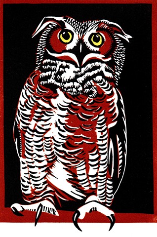 bird art, linocut bird, chiaroscuro owl, relief print, great-horned owl 