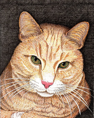 a colored pen and ink drawing of a marmalade Manx cat by Leslie Moore of PenPets