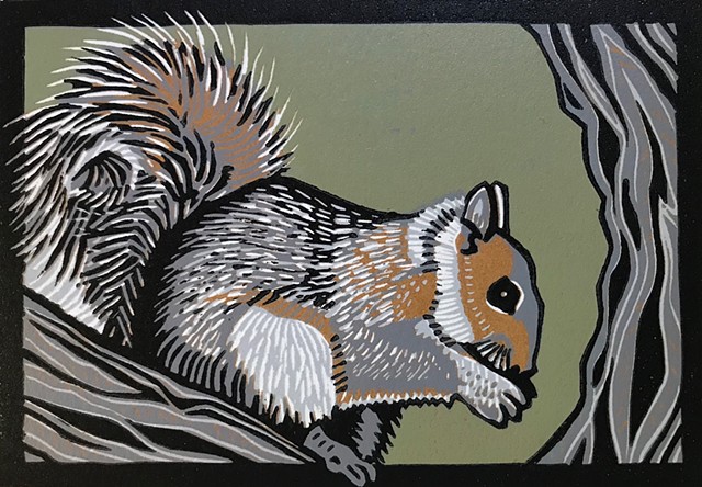 squirrel art, gray squirrel, linocut squirrel
