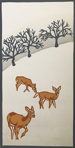 deer art, deer linocut, winter deer