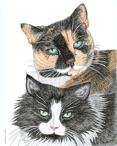 A colored pen and ink drawing of a calico cat and a black-and-white long-haired cat by Leslie Moore. 