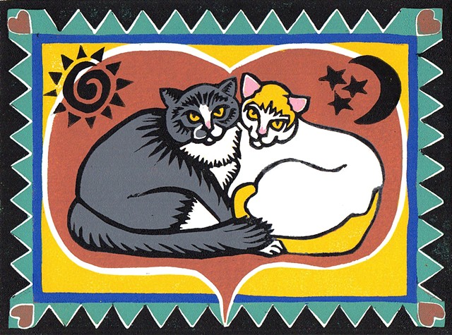 linocut, cats, high desert motif, south west motif, cat art, cat linocut, reduction linocut