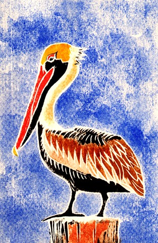 a white-line woodblock print of a brown pelican by Leslie Moore of PenPets