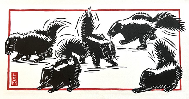 baby skunk linocut, skunk kits linocut