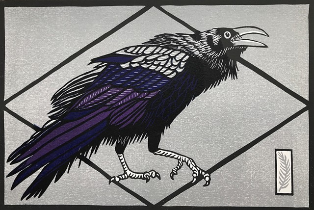 bird art, crow linocut, reduction linocut, crow art