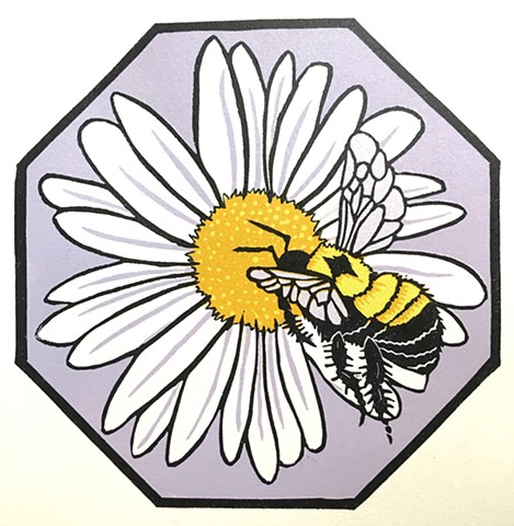 Common Eastern Bumblebee, daisy, linocut