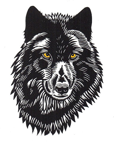 black wolf art, wolf linocut