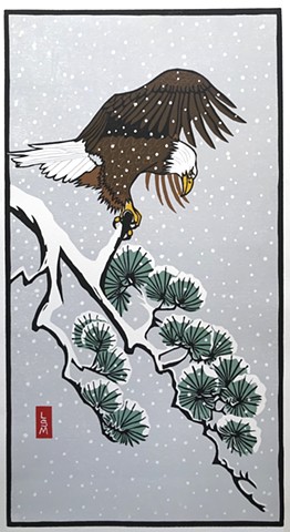 Bald Eagle in Snow, Bald Eagle, linocut print, reduction linocut