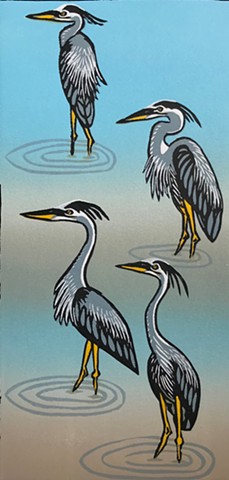 bird art, great blue heron art, heron art, great blue heron linocut, reduction linocut