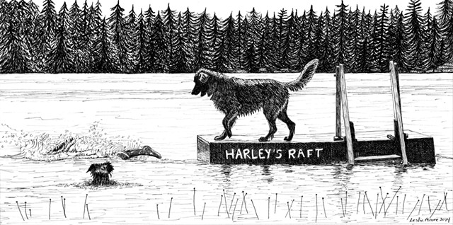 A pen and ink drawing of a Golden retriever/Bloodhound mixed breed dog on a wooden raft in a pond by Leslie Moore of PenPets.