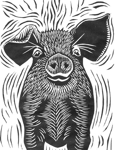 a woodcut of a young pig or shoat by Leslie Moore of PenPets