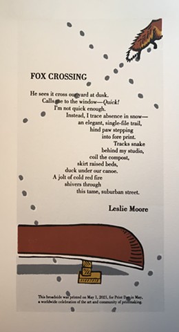 fox art, fox poem, fox linocut, poetry broadside, reduction linocut