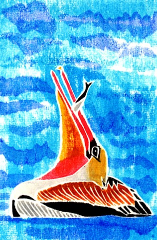 a white-line woodblock print of a brown pelican eating a fish by Leslie Moore of PenPets
