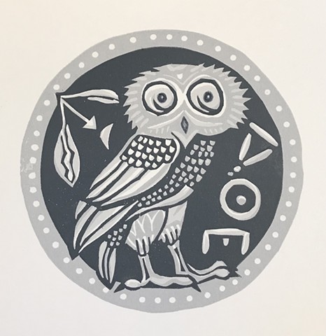 bird art, owl art, owl linocut, Athena owl, reduction linocut