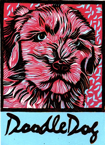 a reduction linocut of a doodle dog or goldendoodle by Leslie Moore of PenPets