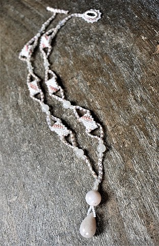 Peyote-stitch chain necklace with pale rose opal pendant and translucent white accent opals