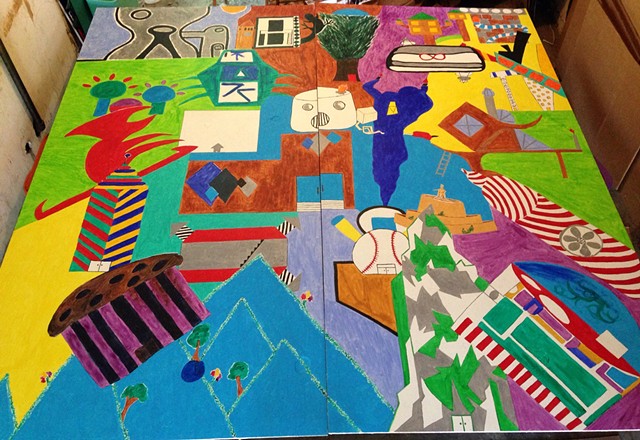 Colorful, Dynamic Mural of 24 Kids' Building Designs