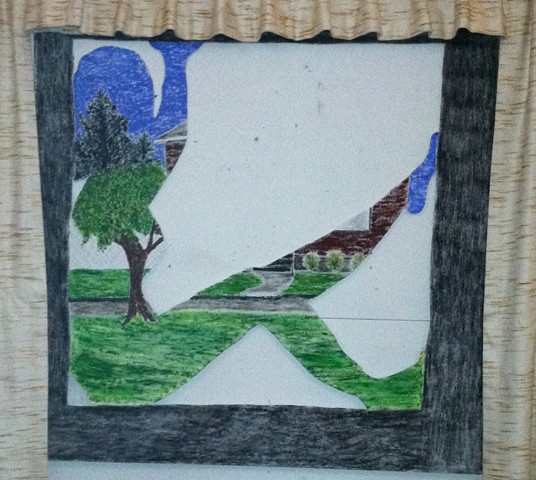 Image of window with a figure in it, yet the landscape outside the window is visible.