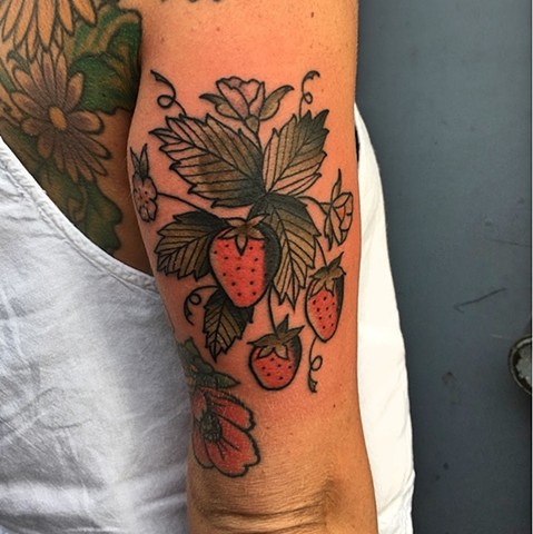 Strawberries tattoo by Kc Carew at Gold Standard Tattoo in Bend, OR.