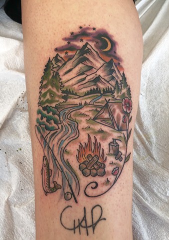 Camp life tattoo by Kc Carew at Gold Standard Tattoo in Bend, Oregon