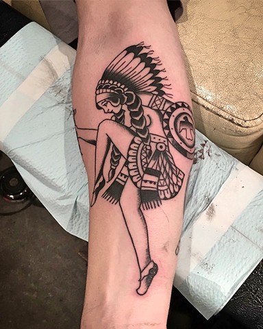 Traditional indigenous girl dancing tattoo by Kc Carew at Gold Standard Tattoo in Bend, OR.