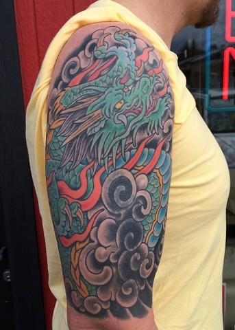 Japanese dragon half sleeve. Dirk Spece.Gold Standard Tattoo Shop. Bend Oregon.