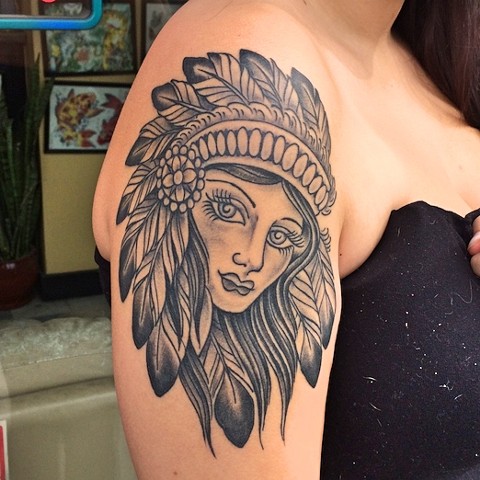 American Traditional headdress girl tattoo by Dirk Spece at Gold Standard Tattoo in Bend, OR.