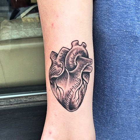 Anatomical heart tattoo by Dirk Spece at Gold Standard Tattoo in Bend, OR.